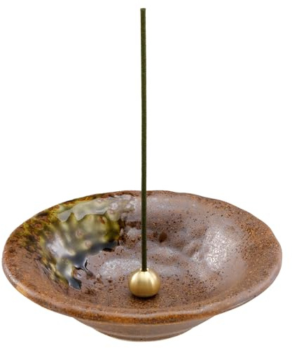 Asayu Japan Portaincenso Wabi-sabi per Bastoncini, Fatto in Giappone, Cattura-cenere in Ceramica e Set Brucia-incenso in Ottone (Marrone)