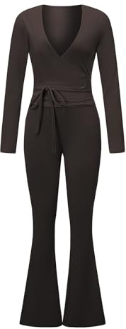 SANSIWU Dam 2-delad balettkläder 2-pack knytbar fåll långärmad balett pilates yoga wrap tröjor + utsvängda byxor set träning gå ut, Kaffe, XL