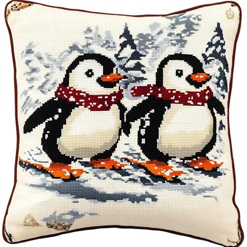 Kit di Ganci a Chiusura per Cuscino,Scena di foresta innevata con due pinguini che sciano,Kit cuscino mezzopunto DIY di cuscino Principianti Adulti Regalo per adolesc,43x43cm
