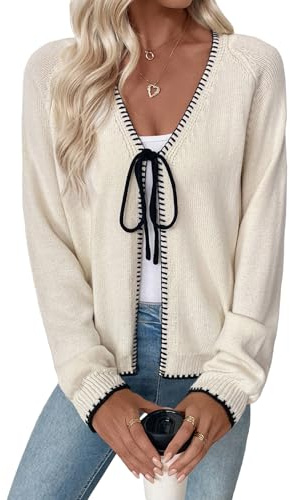 EVALESS Womens Cardigan Sweaters Trendy 2025 Fall Long Sleeve V Neck Lightweight Cardigans Chunky Winter Open Front Bow Tie Knit Sweater Outfits,Apricot X-Large