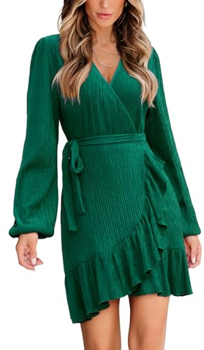 CUPSHE - Robe moulante à manches longues pour femme avec col en V, ceinture, volants, froncée, décontractée, fluide, pour une soirée élégante, mini robe de cocktail, vert, Taille M