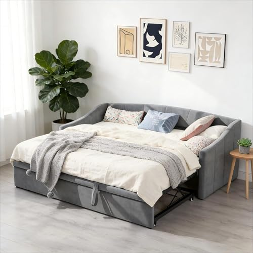 DAHUEN Bäddsoffa, konvertibel 90/180 x 200 cm, utdragbar säng, 2-sits, utdragbar bäddsoffa med ribbotten, utdragbar sammetssäng för vardagsrum eller sovrum, grå (utan madrass) (grå/1)