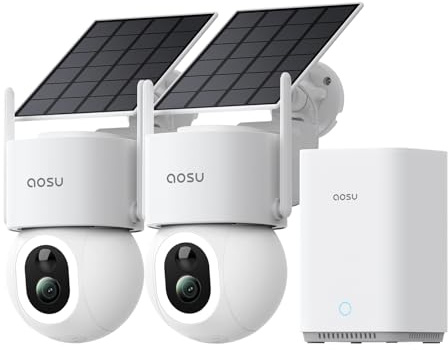 aosu D1 Max 4K Camera Surveillance WiFi Exterieure sans Fil Solaire 360°PTZ | Sans Abonnement Requis, IA PIR Suivi Auto Personne Véhicule, Vision Nocturne Couleur, Kit 2 Caméras aosuBase 1 To Extensible