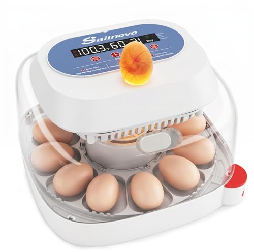 Sailnovo incubadora automática para 12 huevos, 4 modos para aves, con volteo automático, control de temperatura y alarma de humedad, incubadora para huevos de gallina, pato y codorniz (Azul)