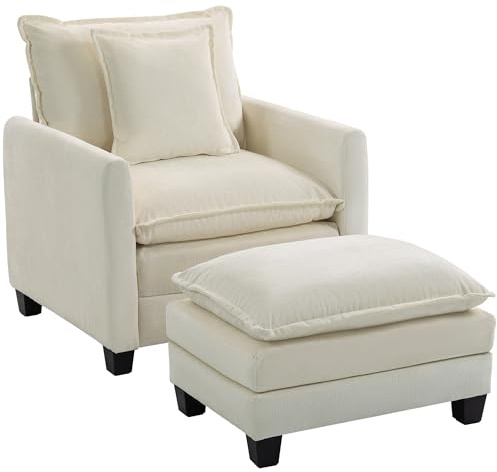 HOMCOM Fauteuil Salon avec Repose-Pied Canapé 1 Place en Chenille Crème | Assise Large, Rembourrage Double Couche, Coussin à Ressorts, Oreiller, Fauteuil de Lecture Moderne pour Chambre, Appartement