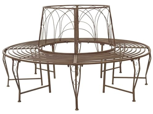 Holekex Trädbänk, stål, antikbrun, rund, Ø 160 x 89 cm med 8 sittplatser, väderbeständig, för trädgård, terrass, balkong, utomhus, stabil metallbänk med ryggstöd och armstöd