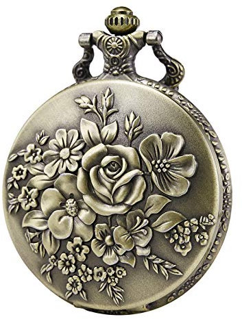 MORFONG Damen Taschenuhr Analog Quarzwerk mit Kette Jahrgang Steampunk Blumen Bronze