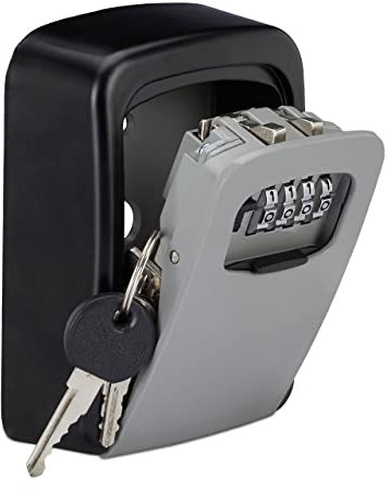 Relaxdays Cassetta Portachiavi con Combinazione a 4 Cifre, Keysafe per Esterni a Parete, HLP 11,5x9x4 cm, argento/nero
