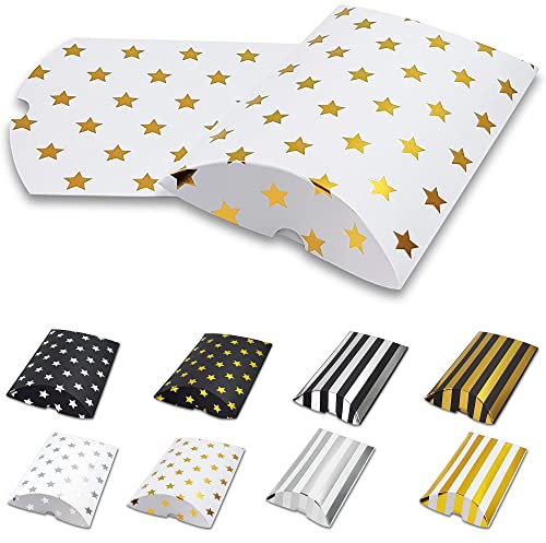 Frau WUNDERVoll® 6 Kissenschachteln matt weiß, goldene Sterne metallic 24x14cm (flach), 250g Papier/Kissenverpackungen, Pillow Box, Faltverpackung, Geschenkverpackung, Gastgeschenk, Adventskalender