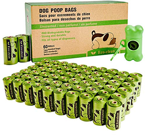 ECO-CLEAN Dog Poop Bags, 60 Rolls / 900 Count Dog Waste Bags with Dispenser and Leash Clip, Unscented, Extra Thick and Strong Poop Bags for Dogs