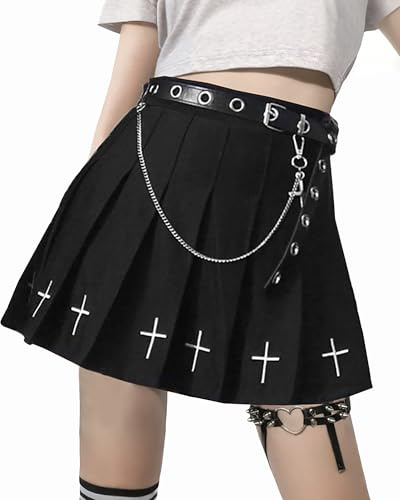 DINGJIUYAN Mini Skirts Chain Belt Black Uniform Pleated Skirts Women Girls Flared Casual Mini School Tennis Skater Casual Dancing Skirt