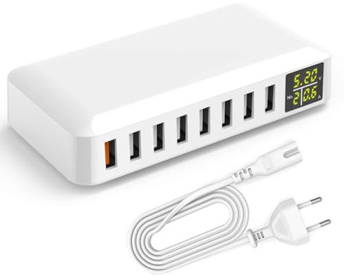 Cargador USB Multiple Universal Fast USB Charger Total 60 W 8 Puertos Cargador Carga Rápida Portátil con QC3.0 18 W y Pantalla LED para iPhone/iPad Pro/Samsung Galaxy/Moviles/Google Pixel etc