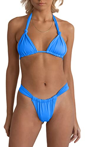 geluboao Blue Bikini Set Bandage Solid Brazilian Swimwear Two Pieces Swimsuit Padded Thong Bathing Suits M