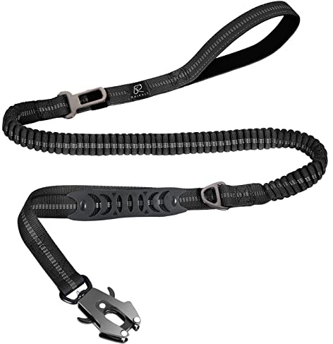 Tactical Heavy Duty Bungee Dog Leash for Medium Large Dogs That Pull, Raipult Military K9 Working Lead, 4-6FT Shock Absorbing Frog Clip Dog leashes with Padded Traffic Handle & Car Seatbelt, Black