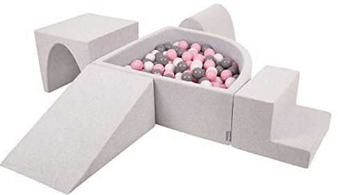 KiddyMoon Spielplatz Aus Schaumstoff Mit Viertel Eckig Bällebad (200 Bälle) Hindernisläufe, Hellgrau:Weiß/Grau/Puderrosa
