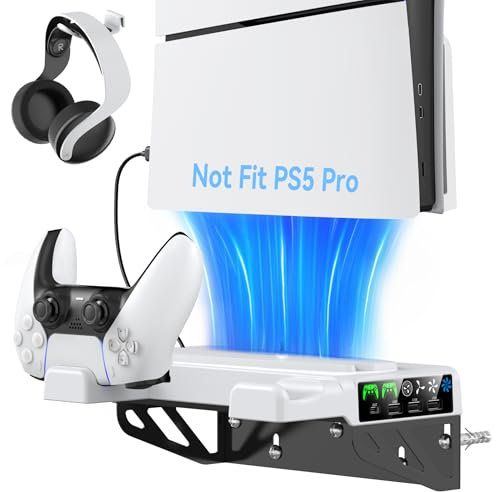 Tokluck PS5/PS5 Slim/PS5 Pro Wandhalterung mit 3 stufig Lüfter und PS5 Controller Ladestation, PS5 Halterung Wand mit Headset Halter/PS5 Lüfter, PS5/Slim/Pro Ständer für Playstation 5 Zubehör