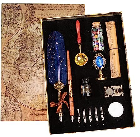 Joyeee Juego de bolígrafos de caligrafía de plumas, incluye cuentas de cera de sellado, cuchara de cera, puntas de repuesto para escribir, diario, dibujar, firmar, boda, decoración retro