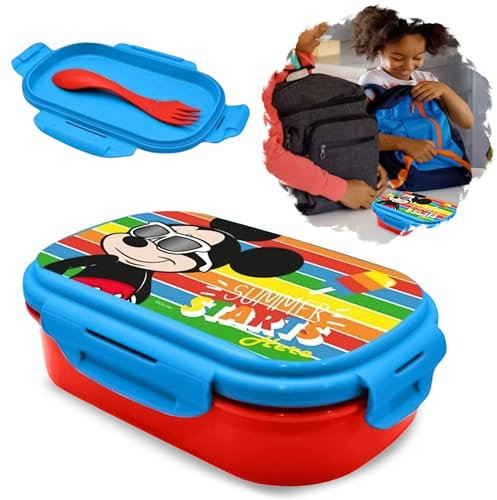 Mickey Mouse rechteckige Lunchbox | BPA-frei | 20 cm große Kunststoff-Sandwichbox enthält Göffel und Besteck (3-in-1-Löffel, Gabel, Messer), stapelbarer Reise-Lebensmittelbehälter, geeignet für Kinder