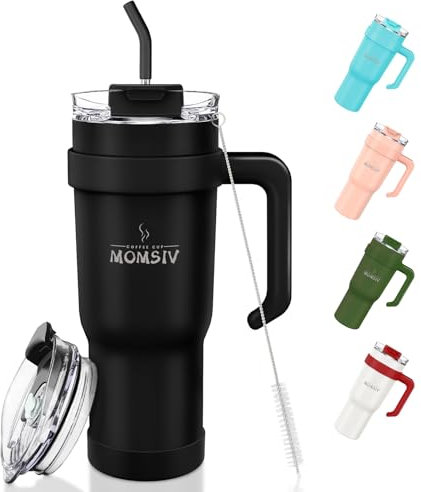 MOMSIV Taza térmica con paja y asa, taza de café de 1100 ml, de doble pared, de acero inoxidable, a prueba de fugas, para bebidas frías y calientes, color negro