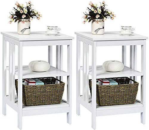 COSTWAY Nachttisch 3 Ebenen, 2er Set Beistelltisch Nachtschrank, Sofatisch Couchtisch für Schlafzimmer, Wohnzimmer 40x40x61cm (II-förmig, Weiß)