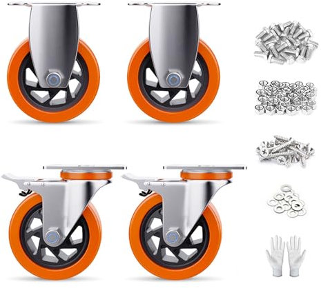 4 Inch Caster Wheels Set of 4 Heavy Duty Casters, No Noise Polyurethane Wheels for Tool Box, Furniture, Workbench, Cart (2PCS Locking Swivel Casters 2PCS Fixed Caster Wheels)
