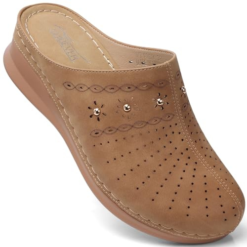 SHIBEVER Clogs for Women Mules Slip-On: Closed Toe Size 8 Summer Dressy Comfortable Womens Clog Mule - Brown Wedge Platform Sandals
