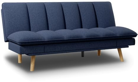 Nalui - Sofá Cama 3 Plazas Acolchado Extra 200x108x97cm Cloud Lines con Apertura Clic-Clac Y Doble Reclinación Lateral. Sofá Cama Chaise Longue, Patas de Madera Convertible en Cama Doble | Azul