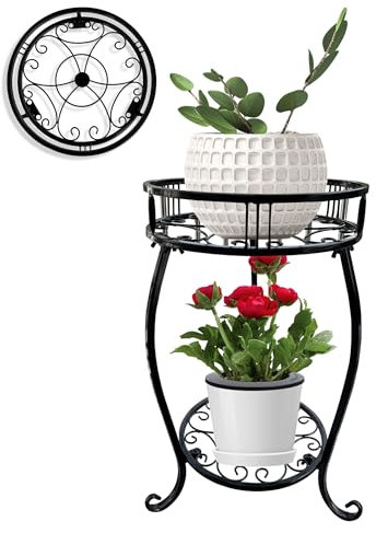 MEEYUU Supporto per piante a 2 ripiani, alto 45 cm, per interni ed esterni, in metallo, resistente, antiruggine, supporto rotondo per piante, per fioriere, ad angolo, giardino, balcone, patio (nero)