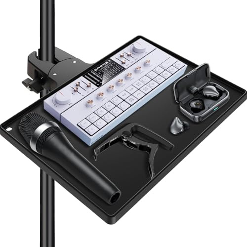 BILIONE Microphone Stand Tray with Crab Clamp, 10.6 x 7.8 Large Tray Shelf Attachment Clamp on Studio Music Floor Stands for Storage
