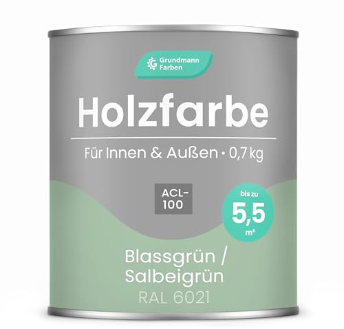 Grundmann Holzfarbe ACL 100 - Holzlack 0,7 Kg Pastellgrün Mintgrün - 4in1 inkl. Grundierung - Seidenmatt - Wetterfest für Innen & Außen - RAL 6021 Blassgrün/Salbeigrün