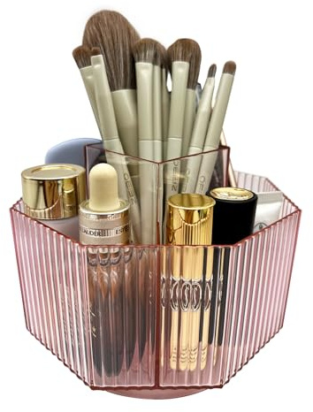 LiteTour Crystal Pink 360° Rotating Makeup Brush Organizer, Multi-Compartment Storage for Skincare, Cosmetic Tools, Vanity, Desk, Stationery, Pens, Office & Countertop Organizer for Bathroom & Home