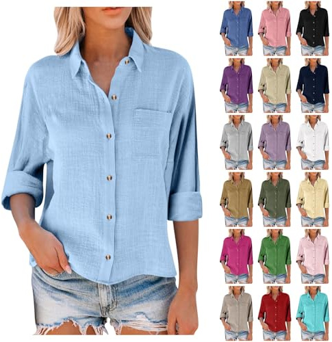 Camicia a maniche lunghe da donna in cotone e lino, estiva, a maniche lunghe, taglie grandi, elegante, con bottoni, per il tempo libero, leggera, con tasche