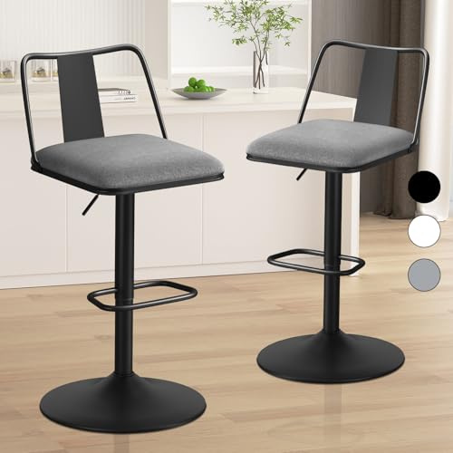 ALFORDSON Juego de 2 taburetes de bar giratorios acolchados con elevación a gas, sillas altas ajustables con respaldo para cocina, de tela, color gris