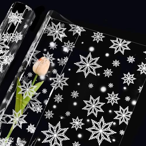 FMDPZUP 5m×80cm White Snowflake Hamper Wrapping Cellophane Paper Sheets,100% Recyclable ECO Clear Gift Wrap for Birthday Present and Wedding Party Bouquet Packaging(folded in half)