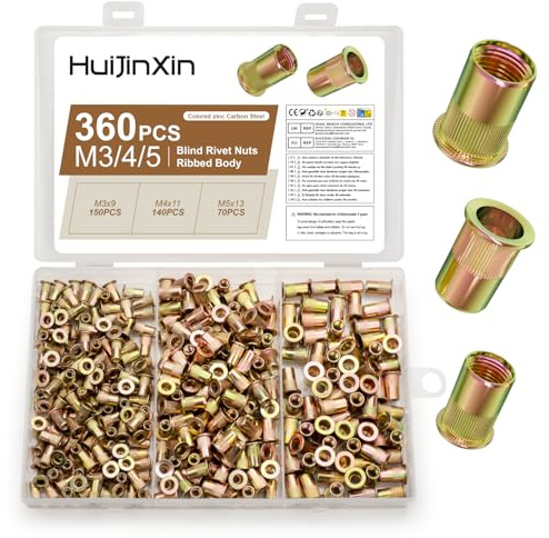 360 stycken nitmuttrar set, M3 M4 M5 indragningsmuttrar, platt huvud gänghylsor, blindnitmuttrar, skruvmutter-sortiment, innitsmuttrar kolstål färg zink nitmutter (360, M3-5)