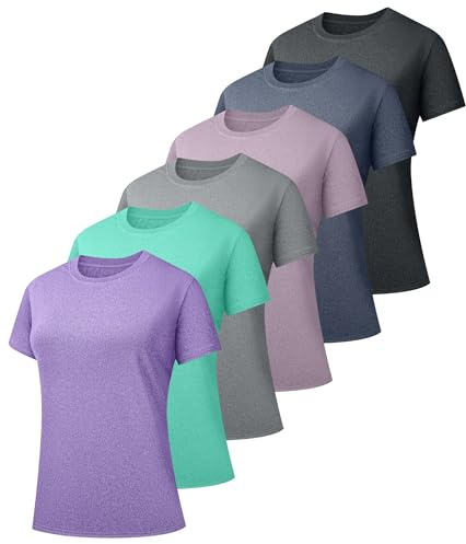 Kinglaman 6 Pack Workout Tops Gym Shirts for Women Dry Fit UPF 50+ Sun UV Protection Swim Athletic Yoga Tee T Shirts Tops 1 Black 1 Gray 1 Blue 1 Purple 1 Dark Pink 1 Green XX-Large