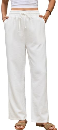 Wantonfy Pantalones Lino Mujer Cintura Elástica con Bolsillos Pierna Ancha Casual