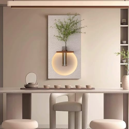 Decoración de pared con textura LED 3D con estante y jarrón, enchufe y control remoto, decoración de pared de estilo cremoso de piedra arenisca con vegetación sintética para sala de estar, dormitorio