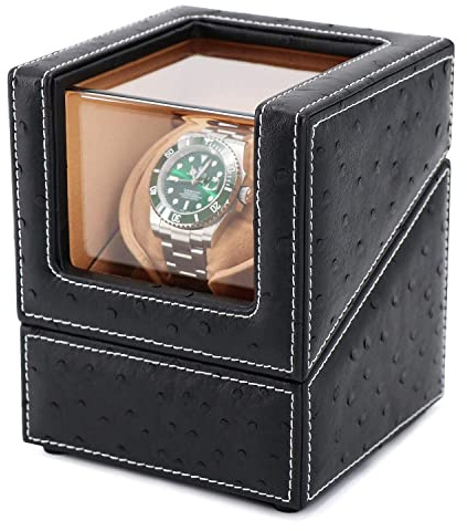 Driklux Men's Automatic Single Watch Winder Case for Rolex with Quiet Motor,Premium Ostrich Leather Exterior and Soft Flexible Watch Pillows Black+Brown