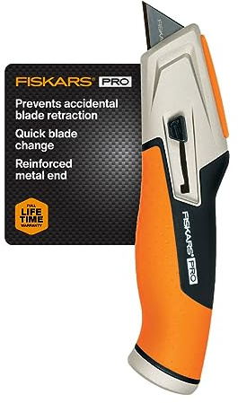 Fiskars Pro Retractable Utility Knife, Heavy Duty Box Cutter with CarbonMax Long-lasting Snap Blade, and Easy Hinge Open with Quick Blade Change and Storage, Orange/Black