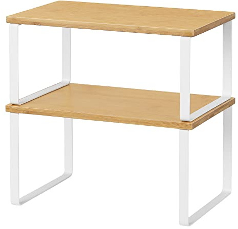NEX Kitchen Cabinet and Counter Shelf Organizer, Stackable & Expandable, White and Natural