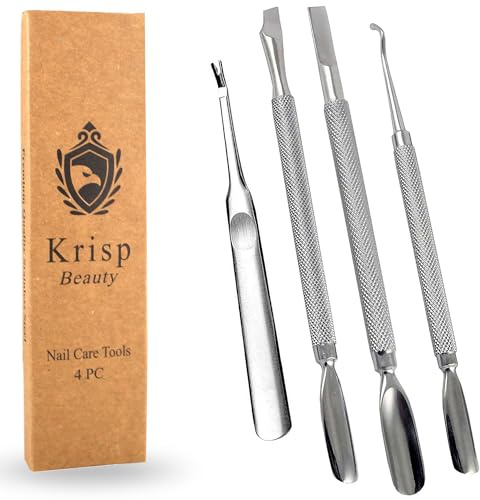 Cuticle Pusher Tools - Professional Nail Cuticle Pusher Cuticle Remover Cuticle Trimmer Ingrown Toenail Lifter Nail Cleaner Dual Sided Stainless Steel Manicure Pedicure Women 4 Pack Set Krisp Beauty