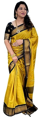SGF11 Women's Kanjivaram Soft Silk Saree With Blouse Piece, Yellow, One Size