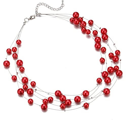 FULU AUTUMN Collana di Perline Grandi per Donna Set di Collana Bracciale e Orecchini con Perline Rotonde Set Gioielli Donna 3 Pcs Regalo Compleanno per Lei(55-Red)