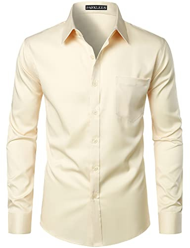 PARKLEES Camisa de vestir urbana elegante informal de negocios, ajustada, de manga larga, con botones y bolsillo para hombre