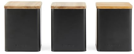 Salter BW12898EU7 Toronto 3-Piece Canister Set – Tea, Coffee, Sugar Storage Canisters, Powder-Coated Matt Finish, Acacia Wood Lids, Easy Clean, Space Saving Jars, Long Lasting Freshness, Black