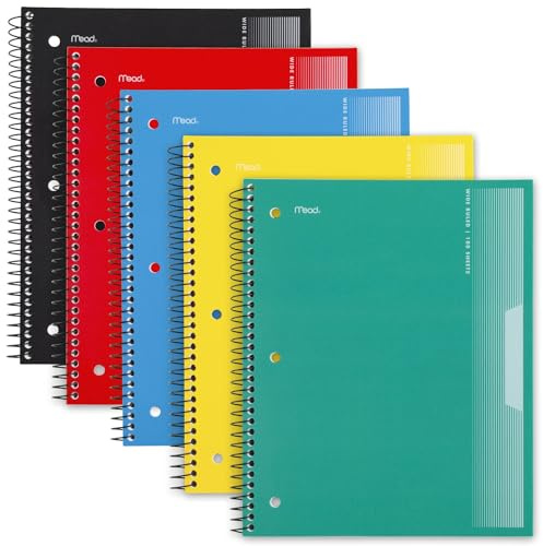 Mead Spiral Notebooks, 1 Subject, Wide Ruled Paper, 8 x 10-1/2, 100 Sheets, Assorted Colors, 5 Pack (930093)