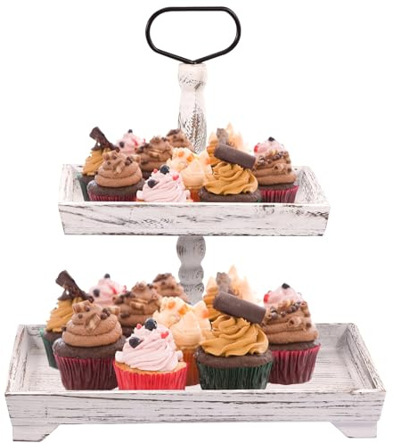 Wood Cake Display Stand Retro 2 Tier Decor Fall Food Tray Farmhouse Fruit Serving Dessert Tray with Metal Handle Detachable Afternoon Tea Cupcake Stand for Wedding Thanksgiving(white)
