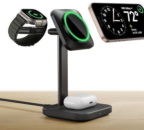 ESR for 3-in-1 Wireless Charging Station, [Certified] Apple Watch Charger & 15W MagSafe Charger Stand for iPhone, Wireless Charger for iPhone 17e/17/16/15/14/13/12 Series, AirPods 4/3/Pro, Black