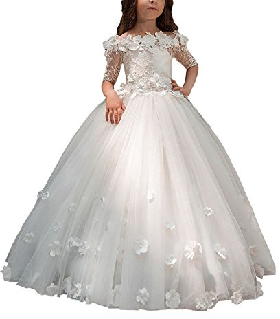 Pizzo Fiore Ragazze Abiti per Matrimonio Off Spalla Maniche Corte Abiti Prima Comunione, bianco, 9-10 Anni
